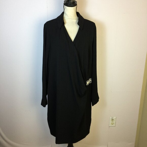 DKNY Faux Wrap Dress Size 22W Womans Plus Black Long Sleeve Logo at Waist Collar - Picture 1 of 14